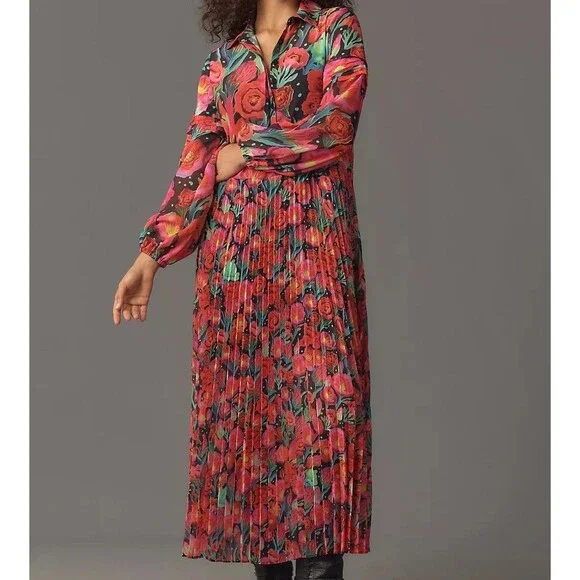 Farm Rio Dress Womens Size Large Anthropologie Pleated Drop-Waist Maxi Red NWT - Picture 1 of 10